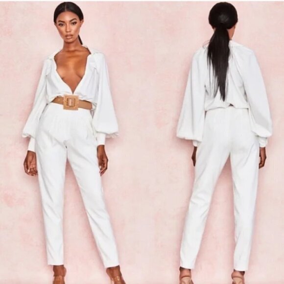 House of CB Delilah Long Sleeve Plunge Jumpsuit in White sz XS - Picture 1 of 5